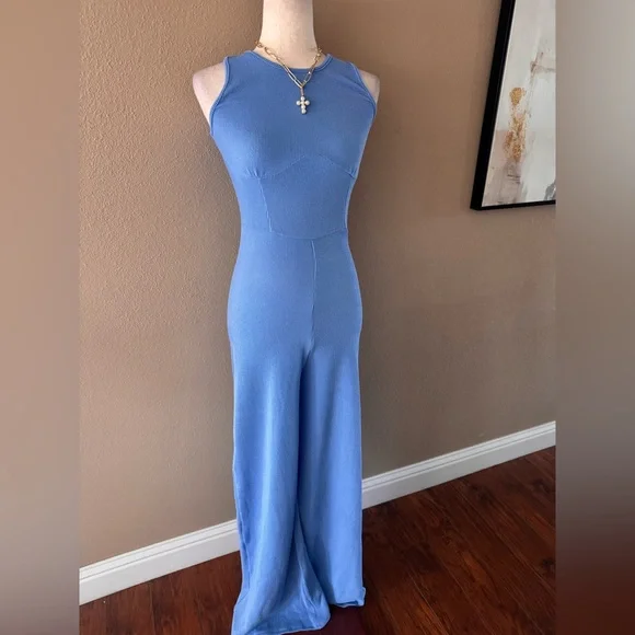 Blue Thick Ribbed Sleeveless Jumpsuit - Picture 4 of 9